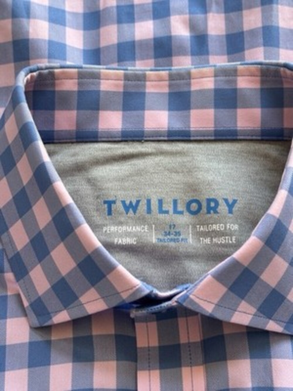 Twillory Mens 17.5 34/35 Tailored Fit Blue and Pink Checked Cotton Shirt